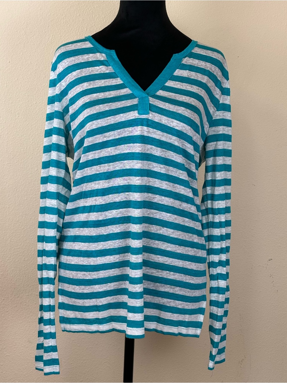 Linen Henley Tommy Bahama Top Size M Turquoise White Stripe Long Sleeve Tee